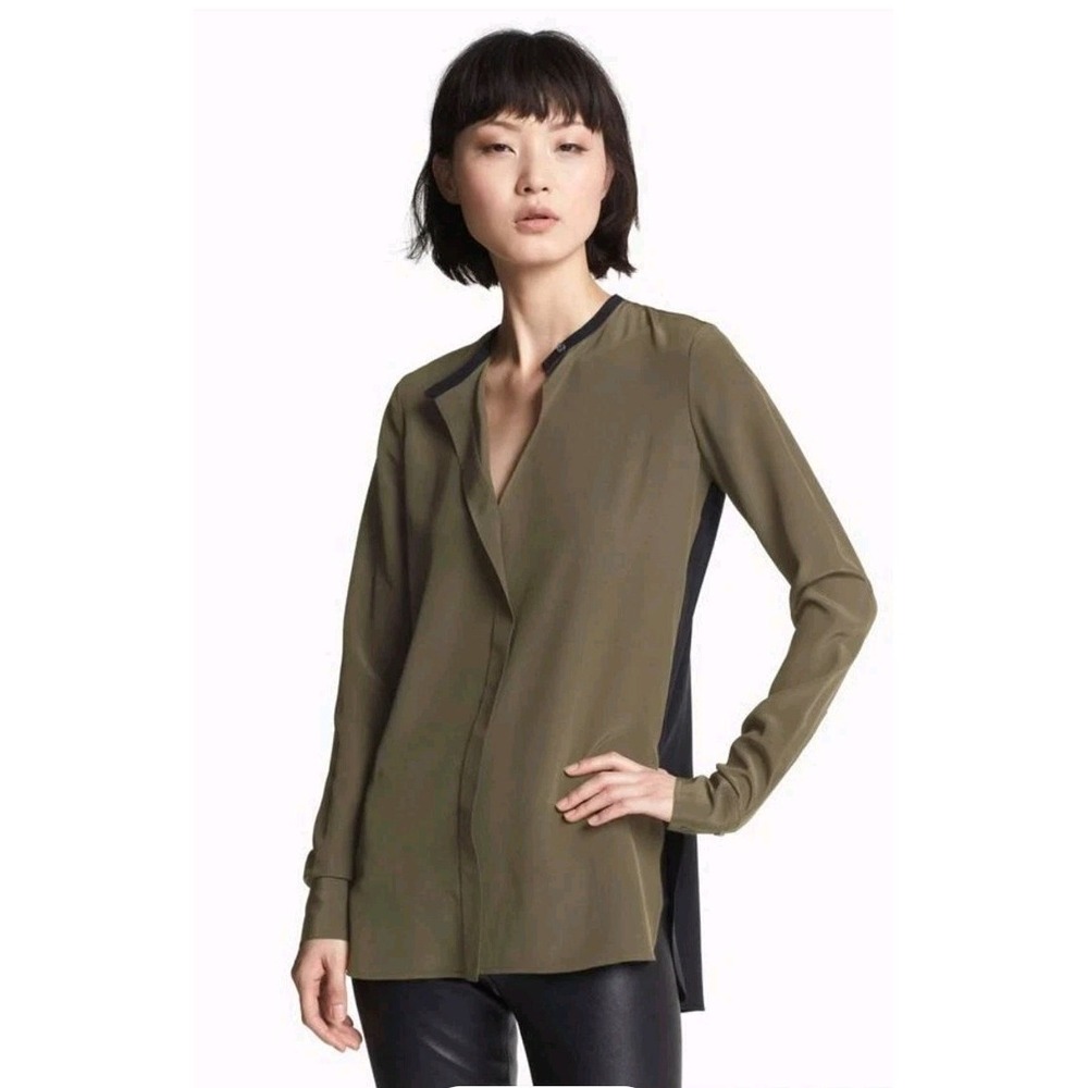 Vince Women's Blouse Silk Olive Green and Black Colorblock Long Sleeve Size 4